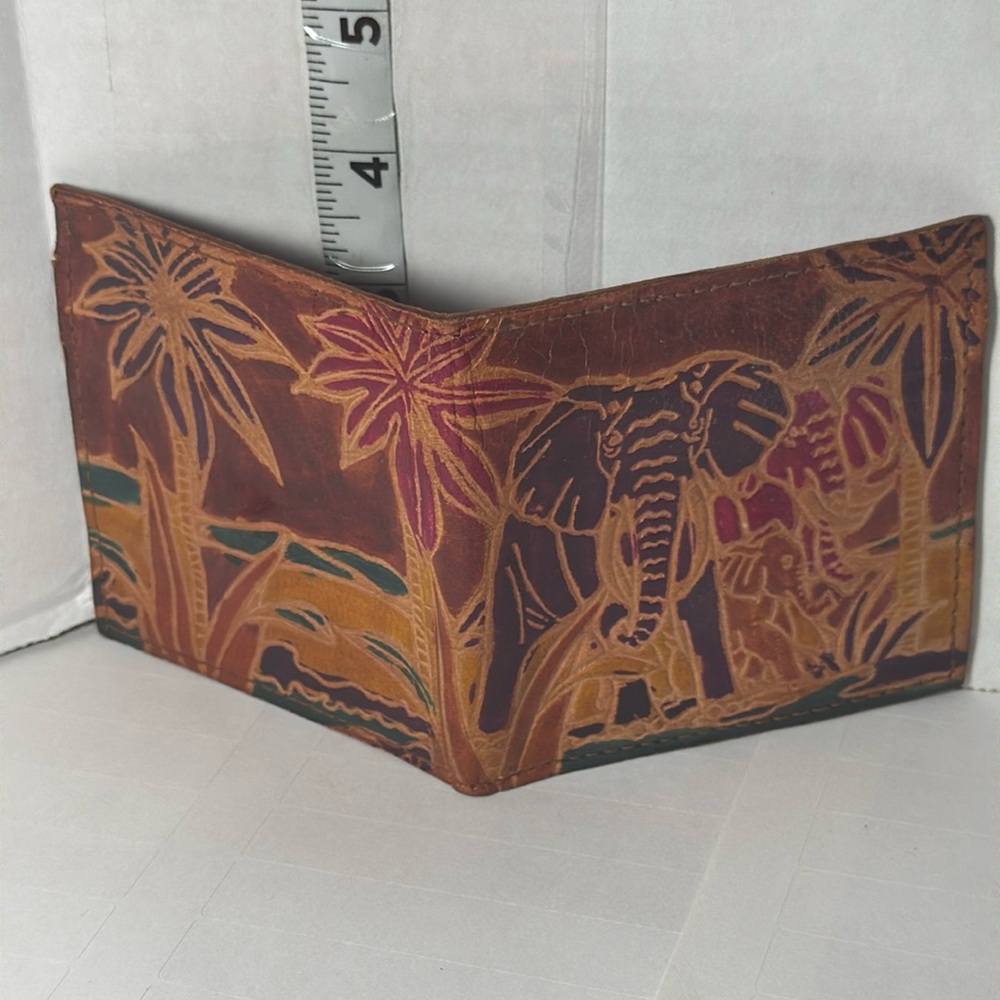 leather wallet handmade elephant palm tree billfold card coin holder 4.5” x 7.5”